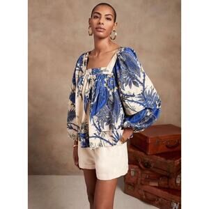 Banana Republic Beige & Blue Floral Square Neck Tiered Blouse XL Puff Sleeve
